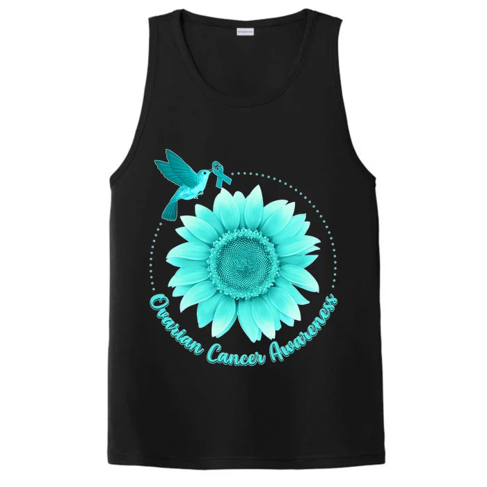 Ovarian Cancer Awareness Teal Hummingbird Sunflower Performance Tank