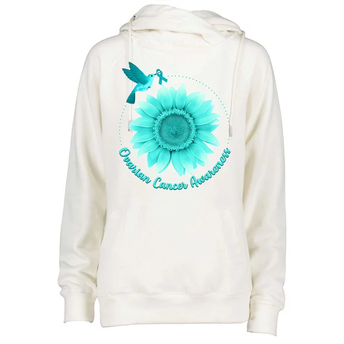 Ovarian Cancer Awareness Teal Hummingbird Sunflower Womens Funnel Neck Pullover Hood