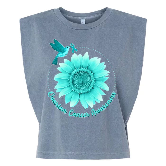 Ovarian Cancer Awareness Teal Hummingbird Sunflower Garment-Dyed Women's Muscle Tee