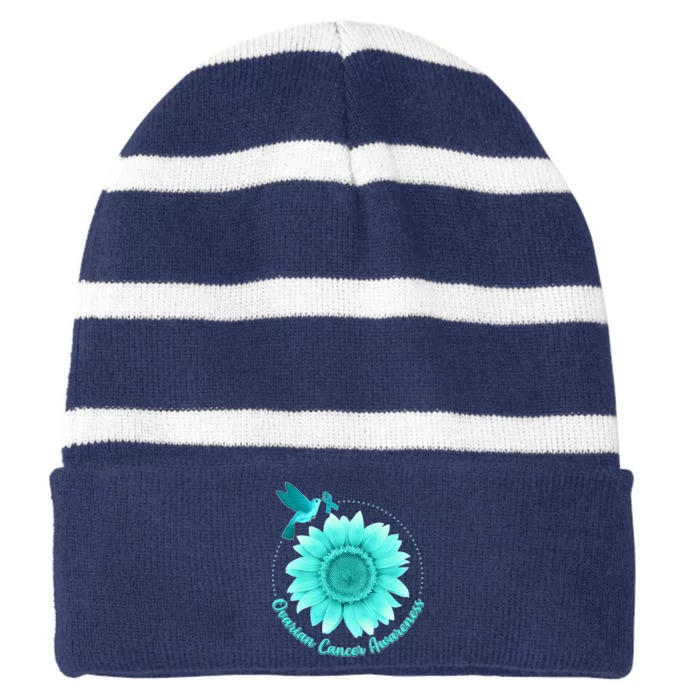 Ovarian Cancer Awareness Teal Hummingbird Sunflower Striped Beanie with Solid Band