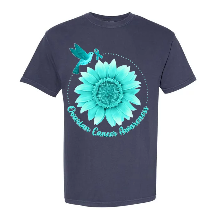 Ovarian Cancer Awareness Teal Hummingbird Sunflower Garment-Dyed Heavyweight T-Shirt