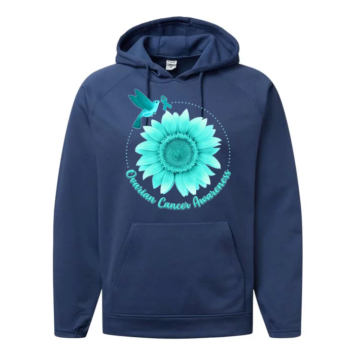 Ovarian Cancer Awareness Teal Hummingbird Sunflower Performance Fleece Hoodie