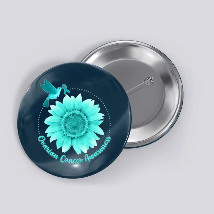 Ovarian Cancer Awareness Teal Hummingbird Sunflower Button