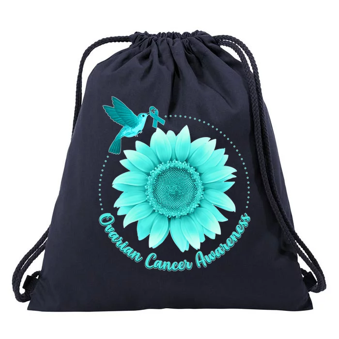 Ovarian Cancer Awareness Teal Hummingbird Sunflower Drawstring Bag