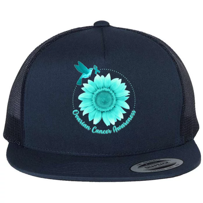 Ovarian Cancer Awareness Teal Hummingbird Sunflower Flat Bill Trucker Hat