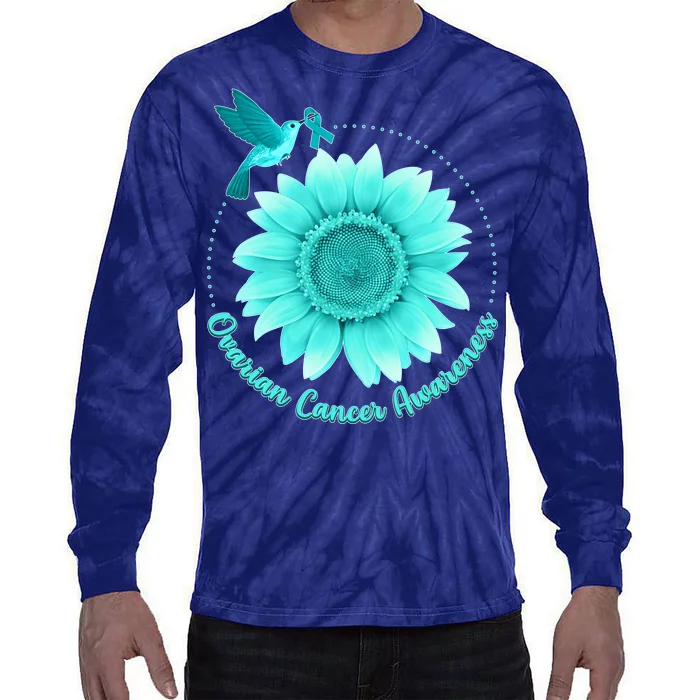 Ovarian Cancer Awareness Teal Hummingbird Sunflower Tie-Dye Long Sleeve Shirt