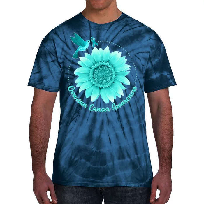 Ovarian Cancer Awareness Teal Hummingbird Sunflower Tie-Dye T-Shirt