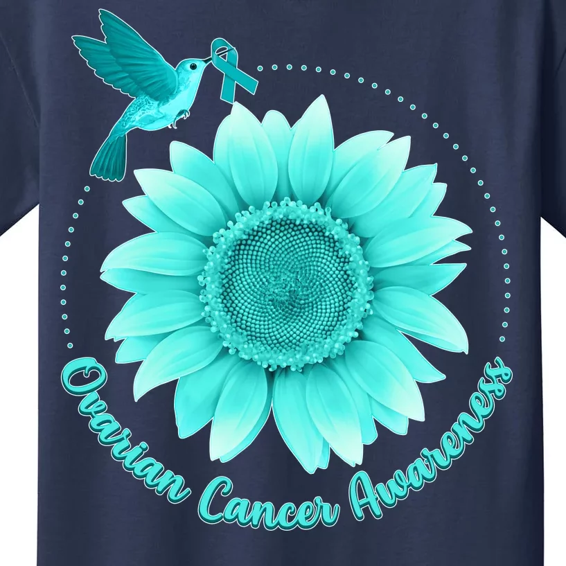 Ovarian Cancer Awareness Teal Hummingbird Sunflower Kids T-Shirt