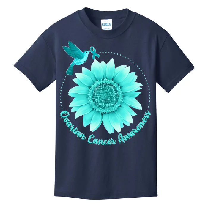 Ovarian Cancer Awareness Teal Hummingbird Sunflower Kids T-Shirt