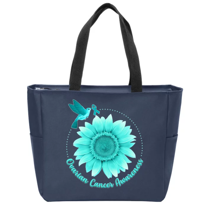 Ovarian Cancer Awareness Teal Hummingbird Sunflower Zip Tote Bag