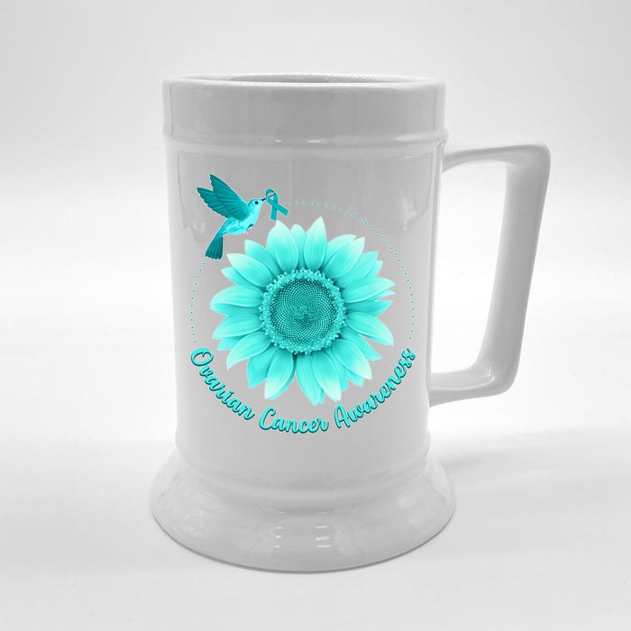 Ovarian Cancer Awareness Teal Hummingbird Sunflower Front & Back Beer Stein