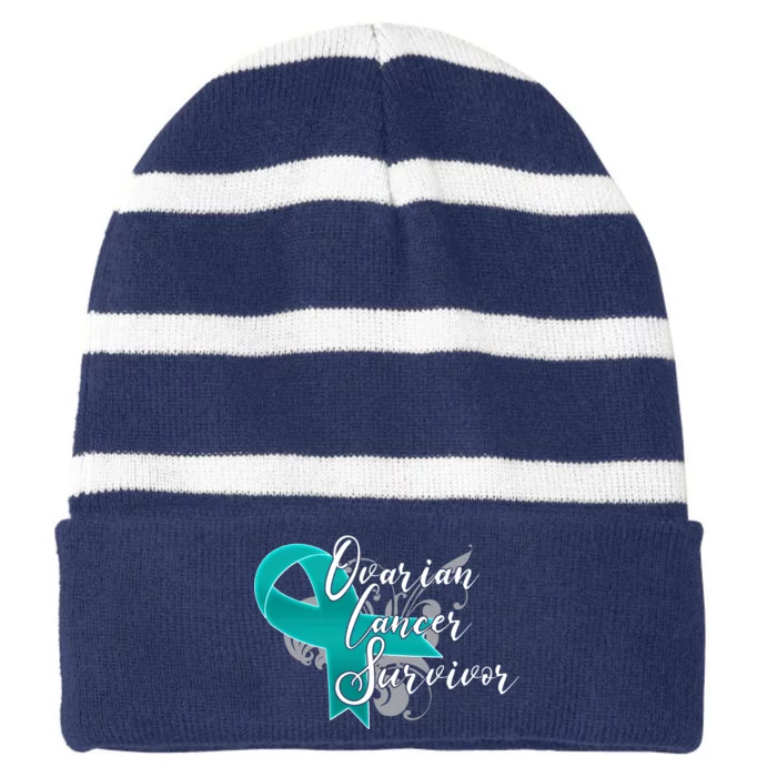 Ovarian Cancer Survivor Awareness Ribbon Striped Beanie with Solid Band