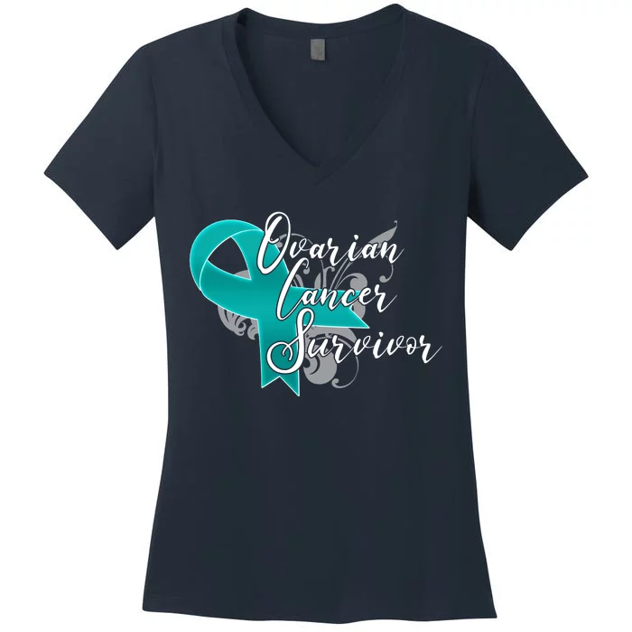 Ovarian Cancer Survivor Awareness Ribbon Women s V Neck T Shirt