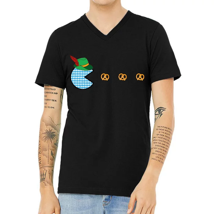 Oktoberfest Video Game Eating Pretzels Retro Gamer V-Neck T-Shirt