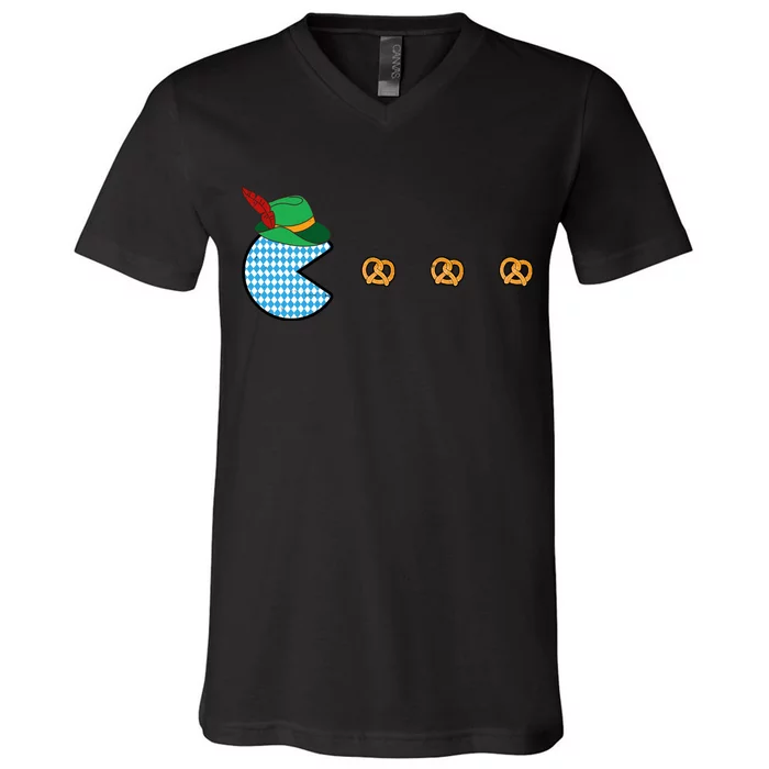 Oktoberfest Video Game Eating Pretzels Retro Gamer V-Neck T-Shirt