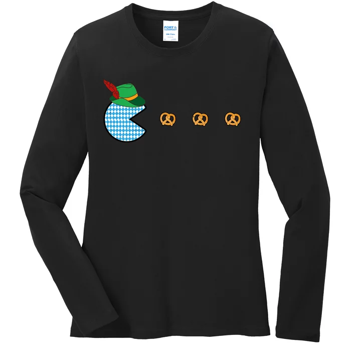 Oktoberfest Video Game Eating Pretzels Retro Gamer Ladies Long Sleeve Shirt