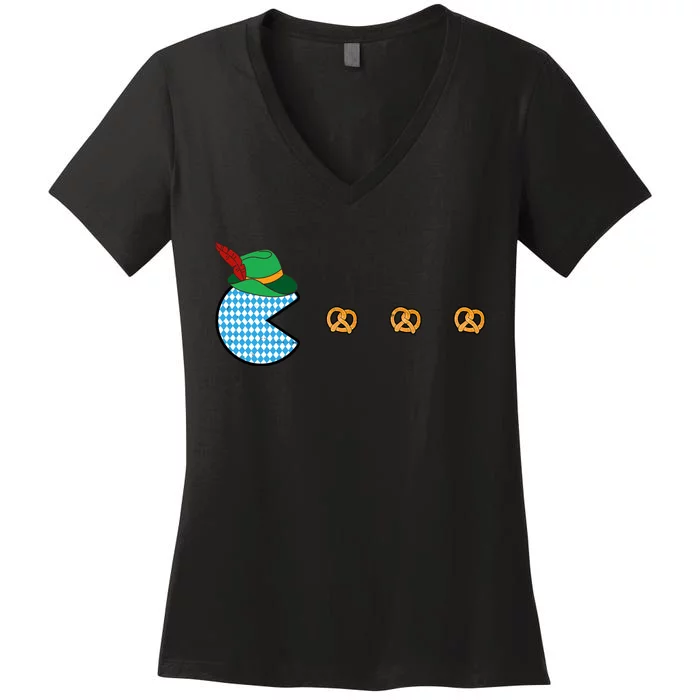 Oktoberfest Video Game Eating Pretzels Retro Gamer Women's V-Neck T-Shirt