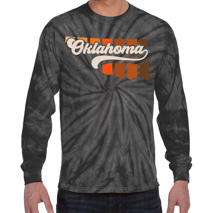 Oklahoma Vintage Retro 70s Style Stripe State Silhouette Tie-Dye Long Sleeve Shirt