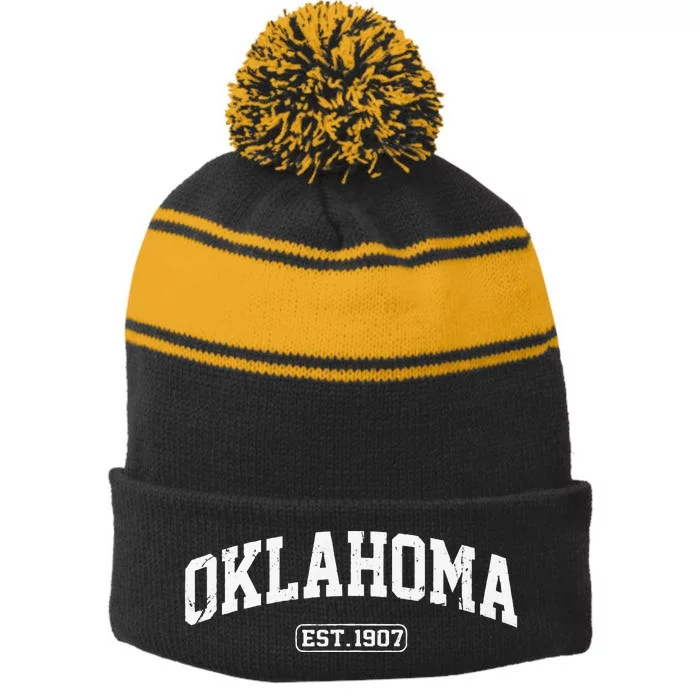 Oklahoma Vintage State Athletic Style Stripe Pom Pom Beanie