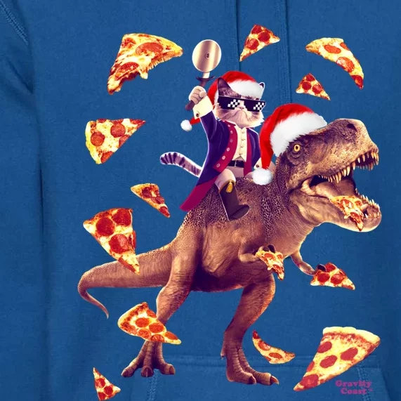 Oh What Fun It Is To Ride Christmas Pizza Cat Riding Trex Gift Premium Hoodie