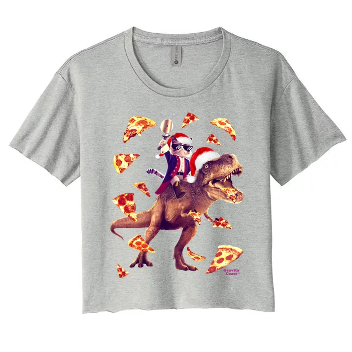 Oh What Fun It Is To Ride Christmas Pizza Cat Riding Trex Gift Women's Crop Top Tee