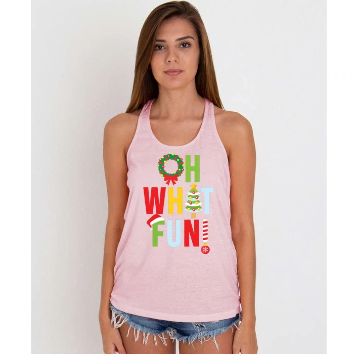 Oh What Fun Christmas With Wreath And Tree Women's Knotted Racerback Tank