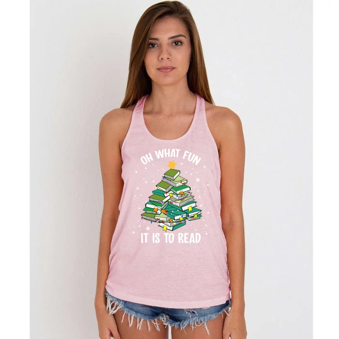 Oh What Fun It Is To Read Christmas Tree Book Lovers Gift Women's Knotted Racerback Tank