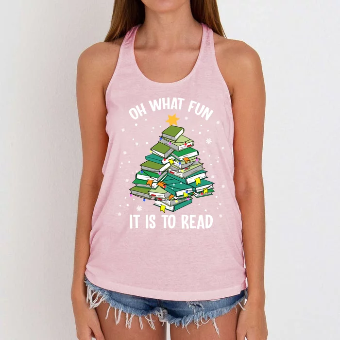 Oh What Fun It Is To Read Christmas Tree Book Lovers Gift Women's Knotted Racerback Tank