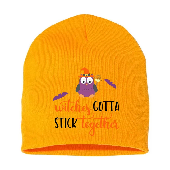 Owl Witch Funny Halloween Witches Gotta Stick Together Gift Short Acrylic Beanie