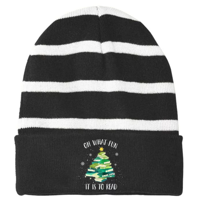 Oh What Fun It Is To Read Christmas Tree Book Holiday Striped Beanie with Solid Band