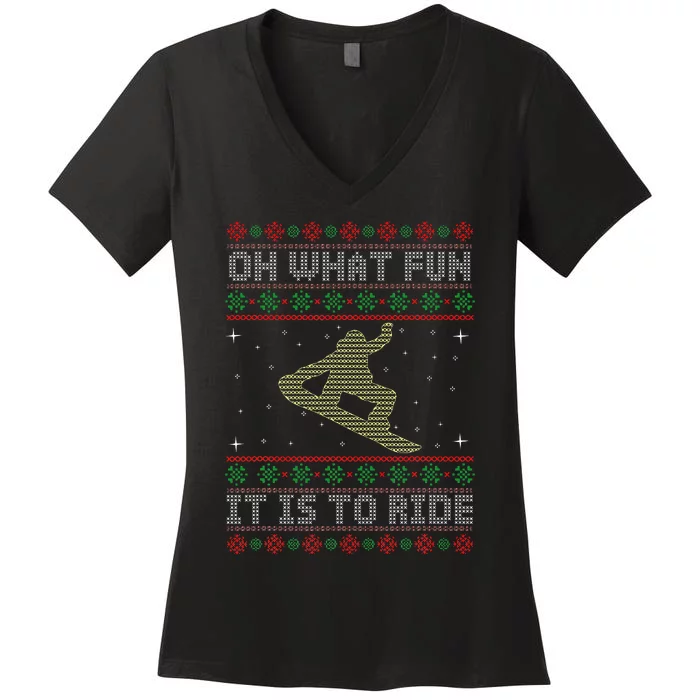 Oh What Fun It Is To Ride Snowboard Ugly Christmas Women's V-Neck T-Shirt