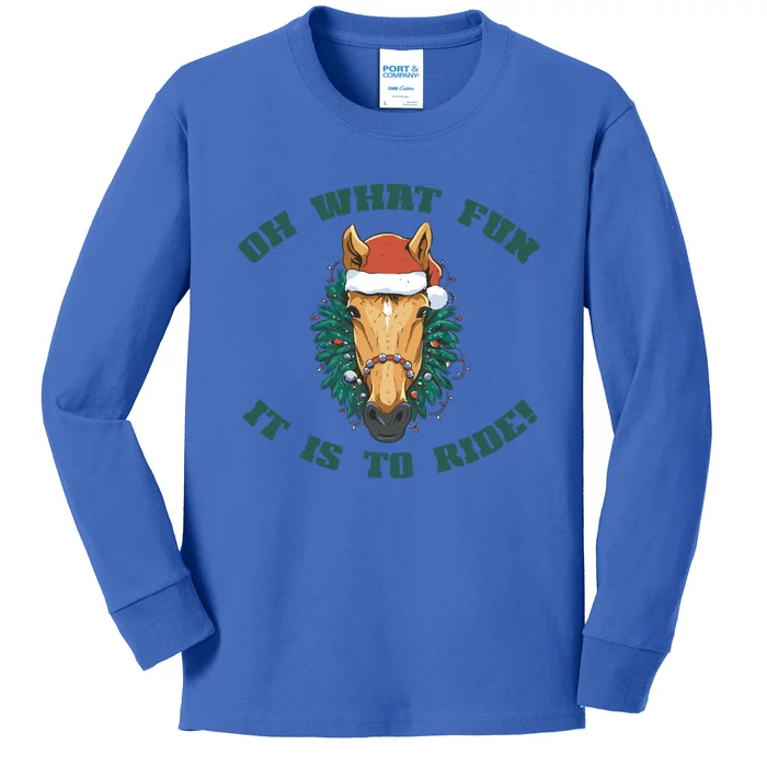 Oh What Fun It Is To Ride! Christmas Horse Wreath Santa Meme Cool Gift Kids Long Sleeve Shirt