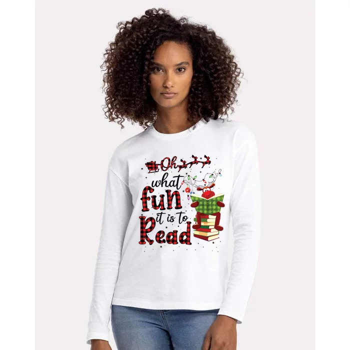 Oh What Fun It Is To Read Christmas Cute Reindeer Read Books Womens Cotton Relaxed Long Sleeve T-Shirt