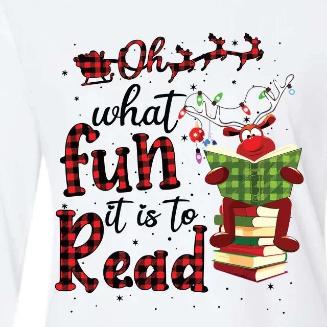 Oh What Fun It Is To Read Christmas Cute Reindeer Read Books Womens Cotton Relaxed Long Sleeve T-Shirt