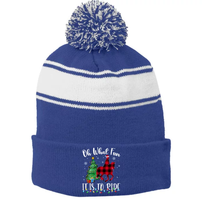 Oh What Fun It Is To Ride Christmas Plaid Horse Riding Stripe Pom Pom Beanie