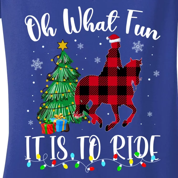 Oh What Fun It Is To Ride Christmas Plaid Horse Riding Women's V-Neck T-Shirt