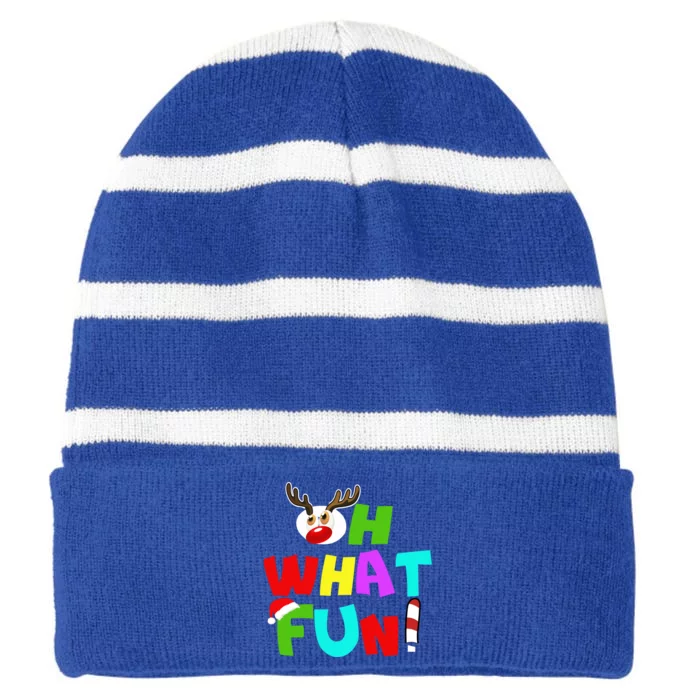 Oh What Fun Christmas Gift With Deer And Santa Hat Gift Striped Beanie with Solid Band