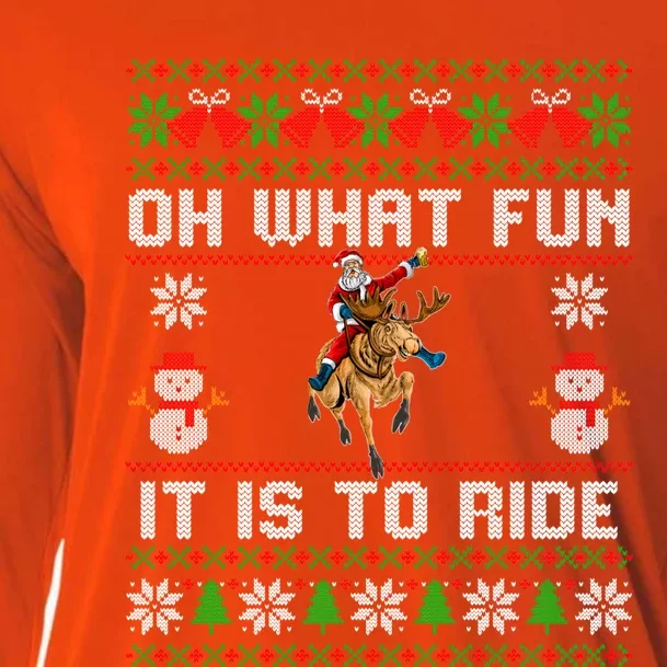 Oh What Fun It Is To Ride Deer Beer Santa Christmas Funny Gift Cooling Performance Long Sleeve Crew