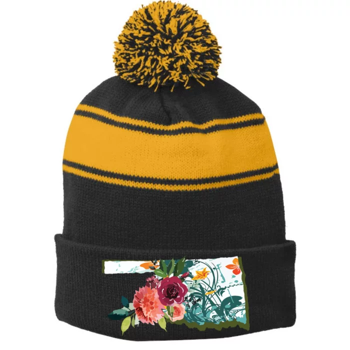 Oklahoma Watercolor Flower Stripe Pom Pom Beanie