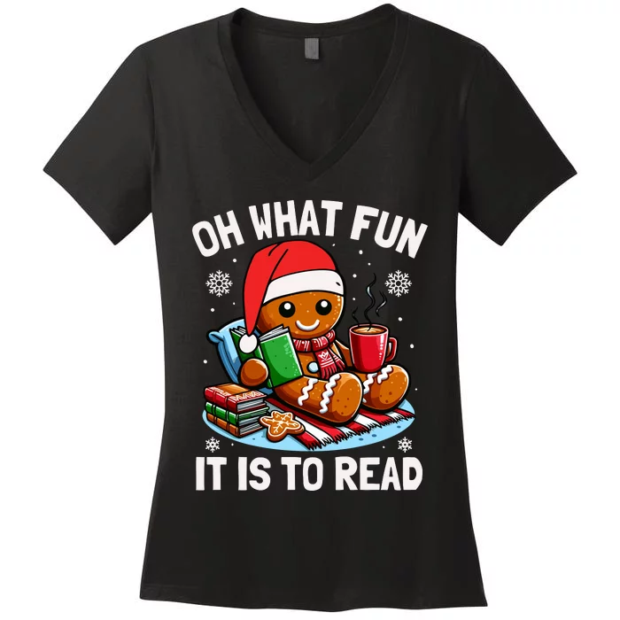 Oh What Fun It Is To Read Funny Christmas Gingerbread Book Lover Women's V-Neck T-Shirt