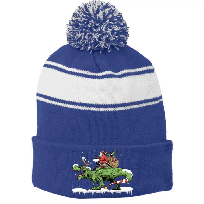 Oh What Fun It Is To Rawr Santa Claus Dinosaur Ride Gift Stripe Pom Pom Beanie