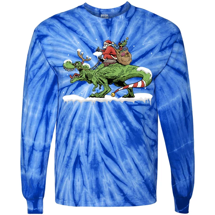 Oh What Fun It Is To Rawr Santa Claus Dinosaur Ride Gift Tie-Dye Long Sleeve Shirt