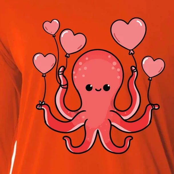 Octopus With Heart Balloons Valentines Day Octopus Cooling Performance Long Sleeve Crew