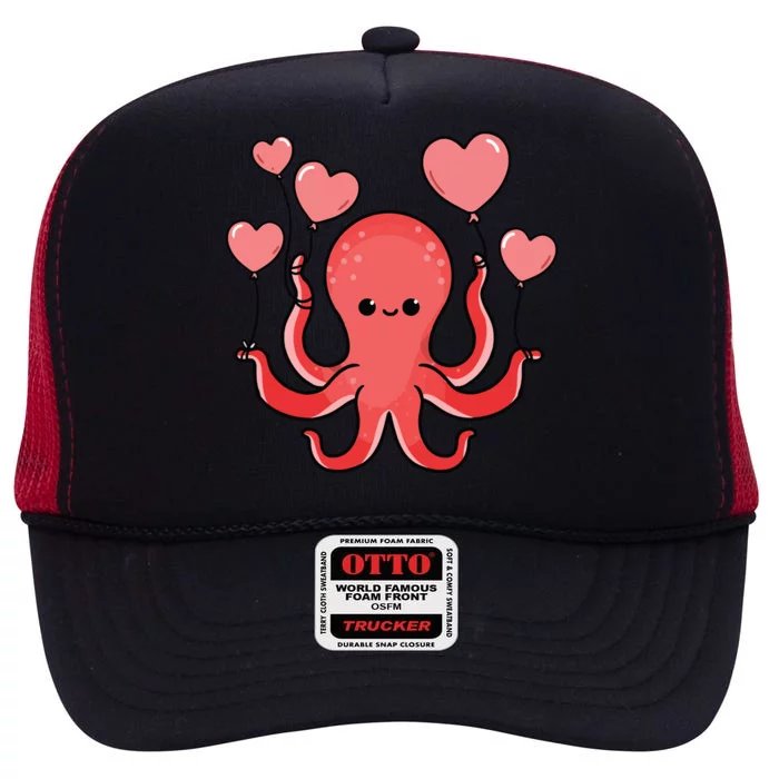 Octopus With Heart Balloons Valentines Day Octopus High Crown Mesh Trucker Hat