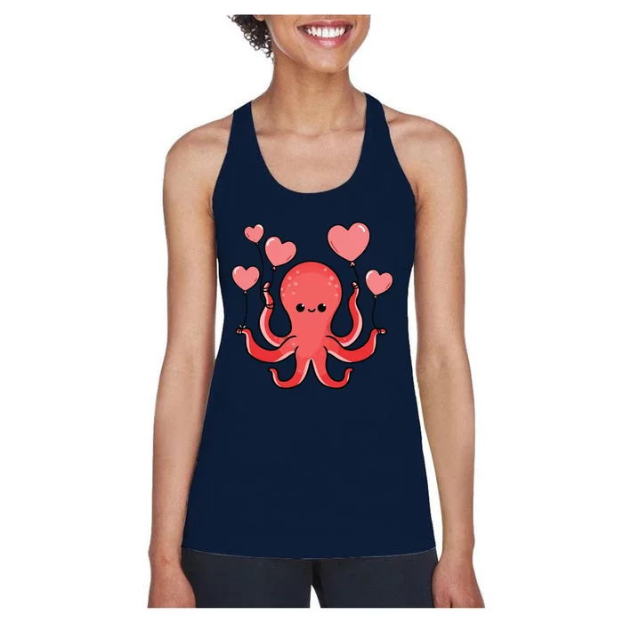 Octopus With Heart Balloons Valentines Day Octopus Women's Racerback Tank