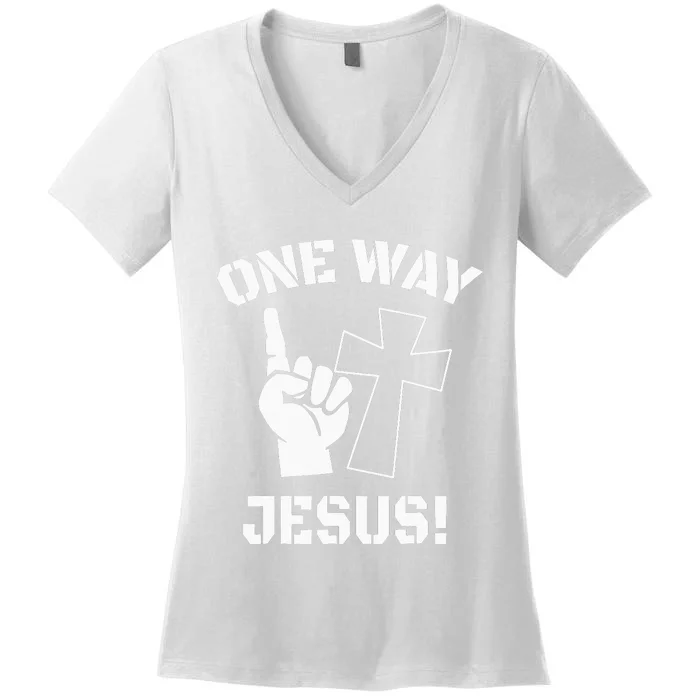 One Way Jesus People Christian Revolution Finger Up Retro Women's V-Neck T-Shirt