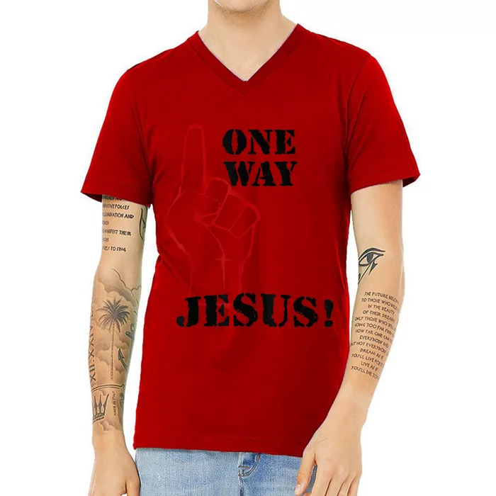 One Way Jesus People Christian Revolution Finger Up Retro V-Neck T-Shirt