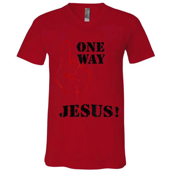 One Way Jesus People Christian Revolution Finger Up Retro V-Neck T-Shirt