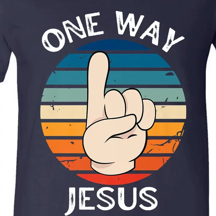 One Way Jesus People Christian Revolution Finger Up Retro V-Neck T-Shirt