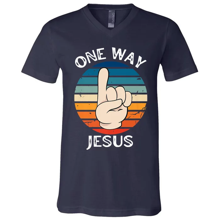 One Way Jesus People Christian Revolution Finger Up Retro V-Neck T-Shirt